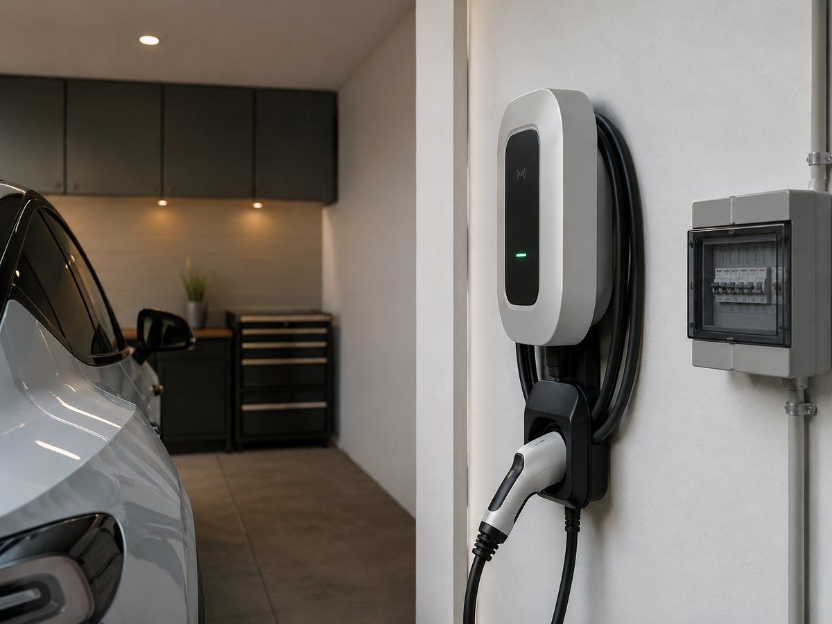 Home EV charger installed by Sulex Electrics, mounted beside the switchboard